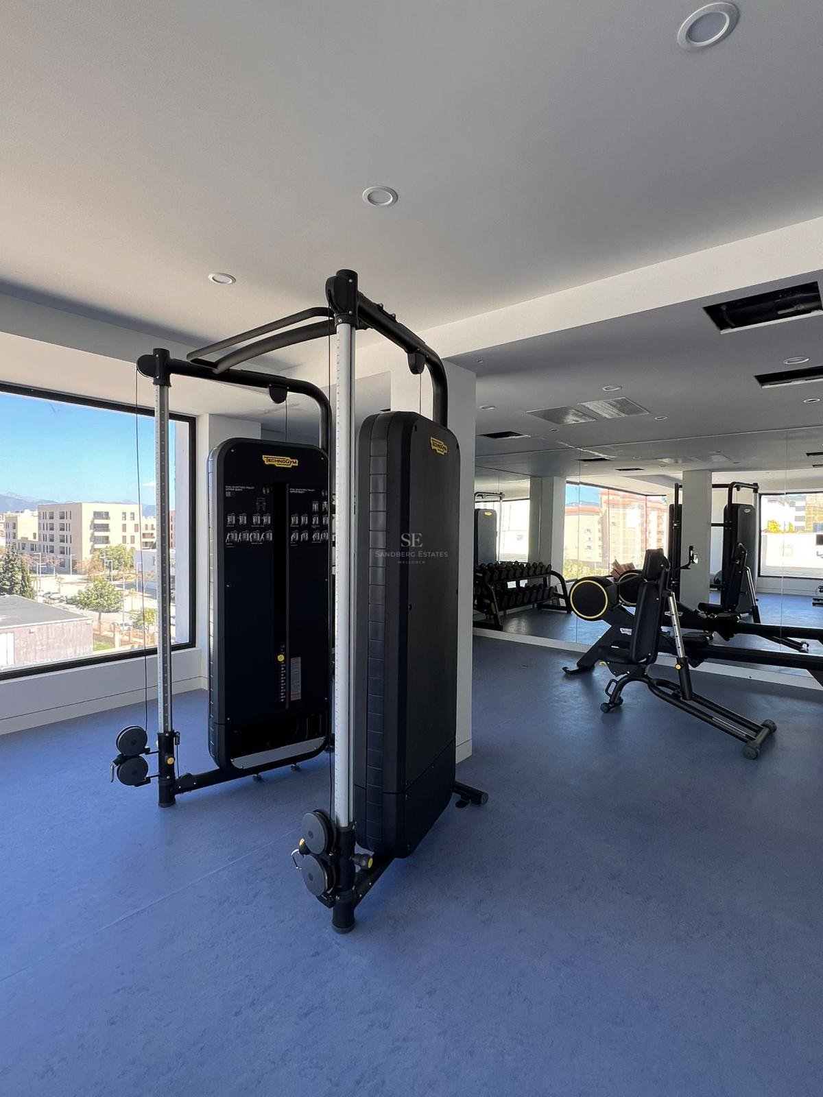 Salle de sport moderne avec appareils Technogym noirs, sol en caoutchouc bleu et grandes baies vitrées.