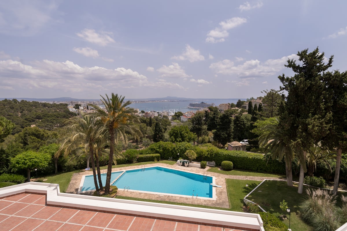 Vue en hauteur d'une piscine bleue entourée de jardins et de palmiers avec la mer en arrière-plan.