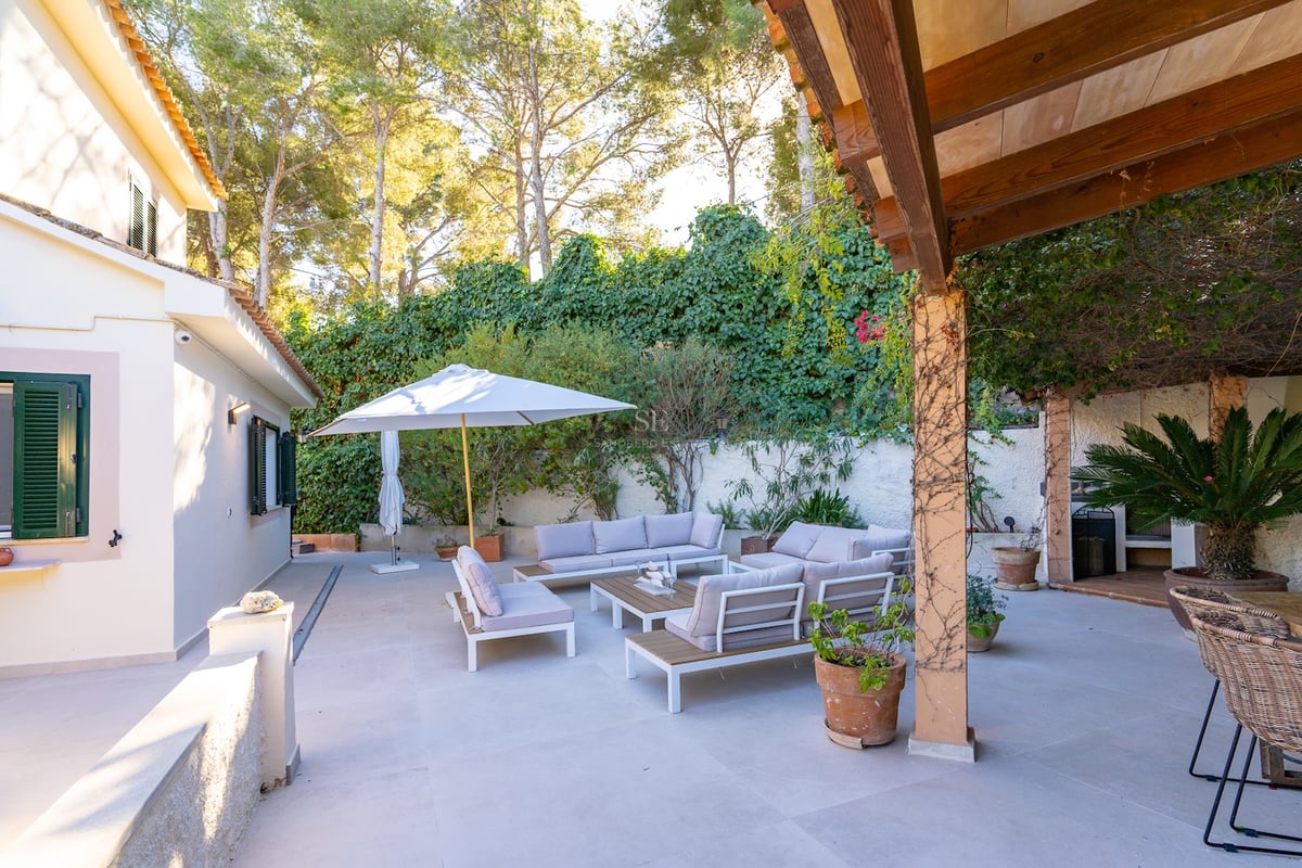 Terrasse en pierre avec mobilier de salon moderne, parasol blanc et pergola en bois entourée de pins et de verdure.
