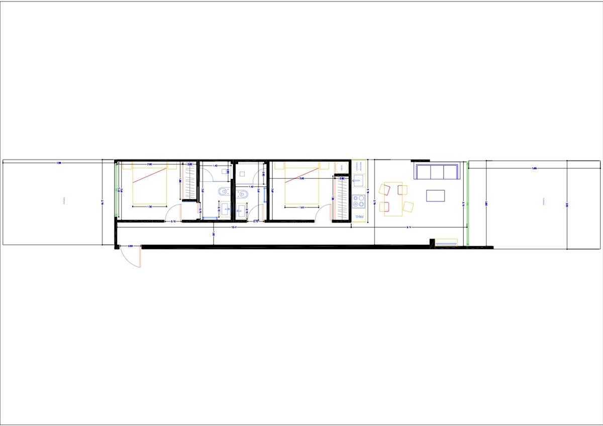 Plan technique 2D d'un appartement moderne avec deux chambres, deux salles de bains et deux terrasses.