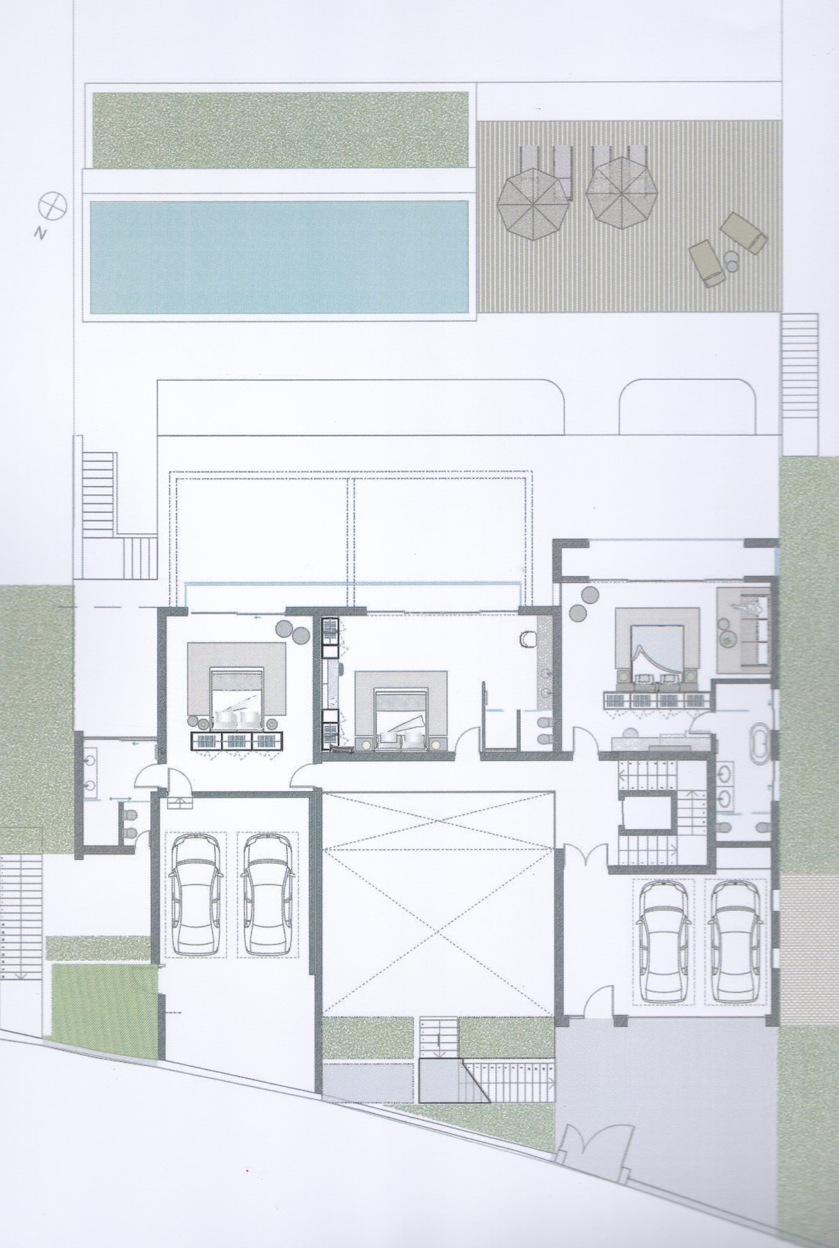 Plan d'architecte détaillé en 2D montrant l'agencement d'une villa avec piscine, terrasse et garage double.