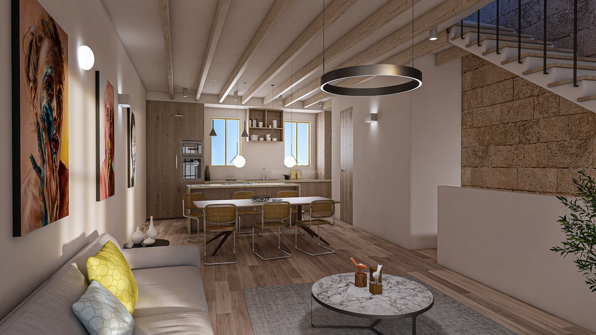 Zeitgenössisches Wohnzimmer mit Sichtholzbalken, Marmorcouchtisch und einer Natursteinwand neben der Treppe.