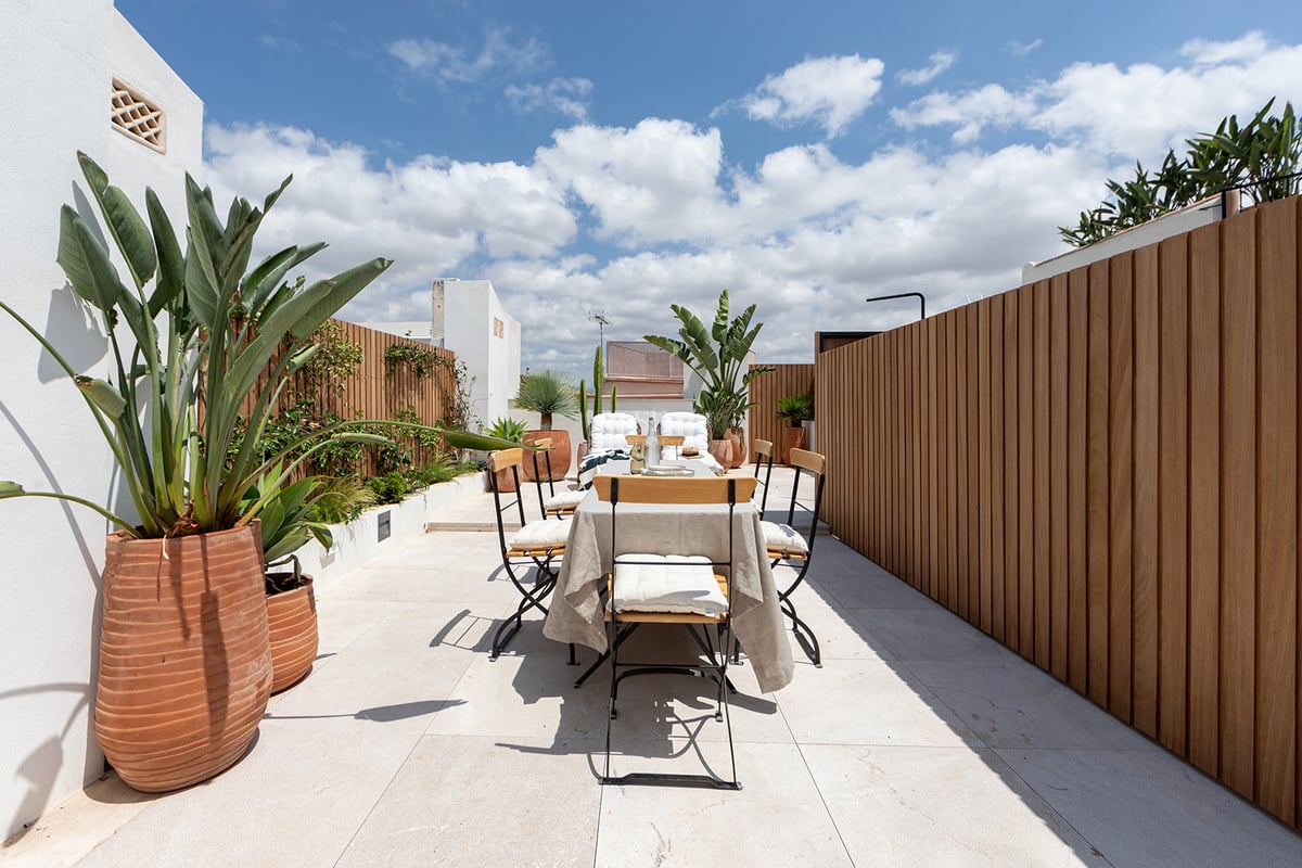 Terraza soleada en la azotea con comedor moderno, paneles de madera verticales y plantas tropicales en macetas de terracota.