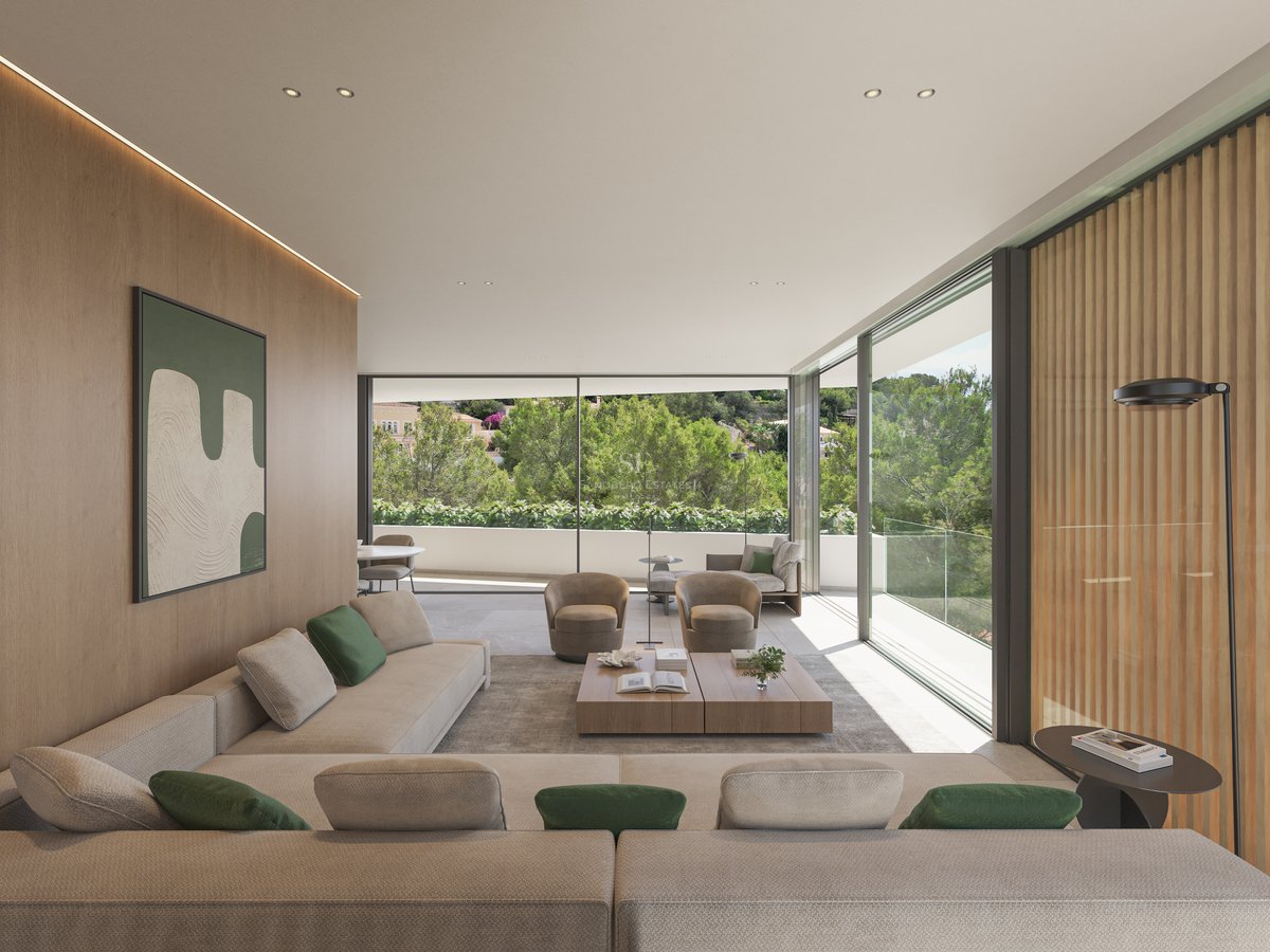 Salon de luxe spacieux avec canapés crème, mur en bois et baies vitrées donnant sur une forêt dense.