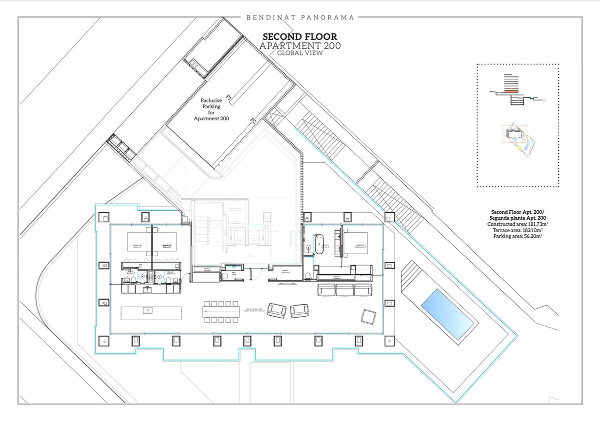 Plan architectural d'un appartement de luxe avec 3 chambres, immense terrasse et piscine privée.
