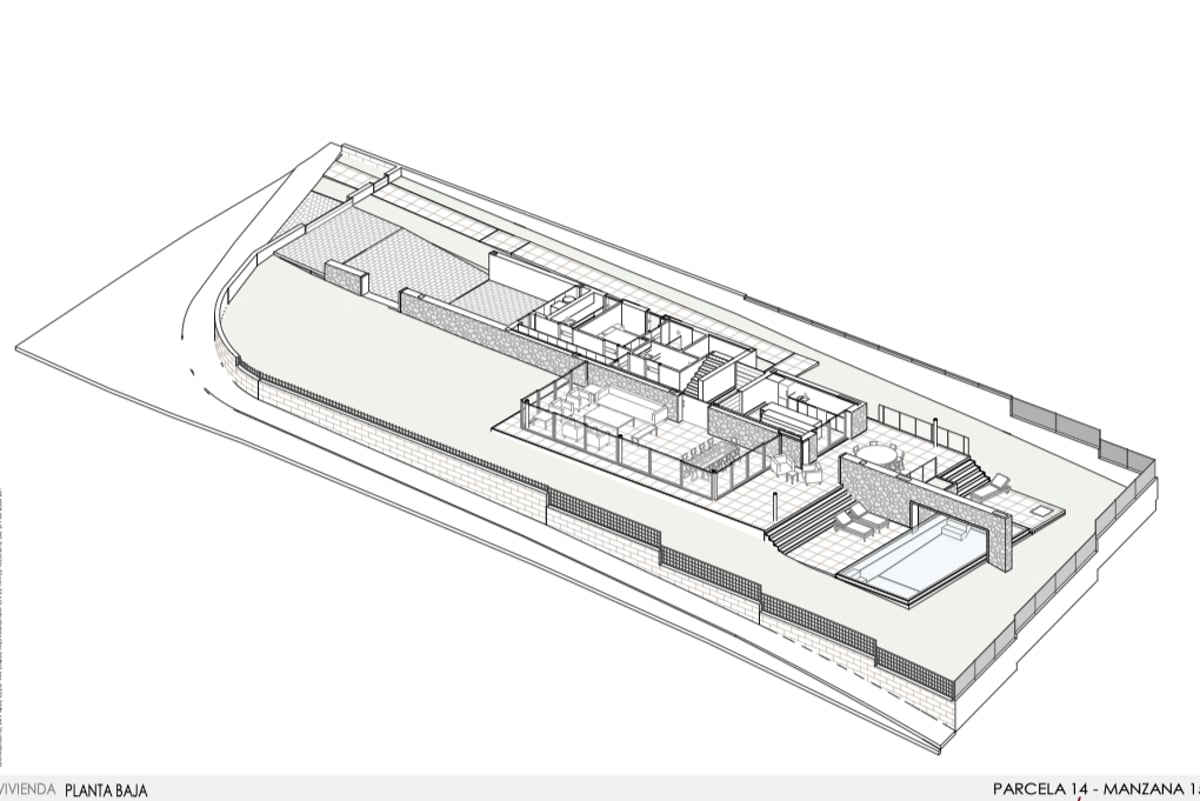 Plan d'étage isométrique 3D montrant l'agencement intérieur, les terrasses et la piscine d'une villa.