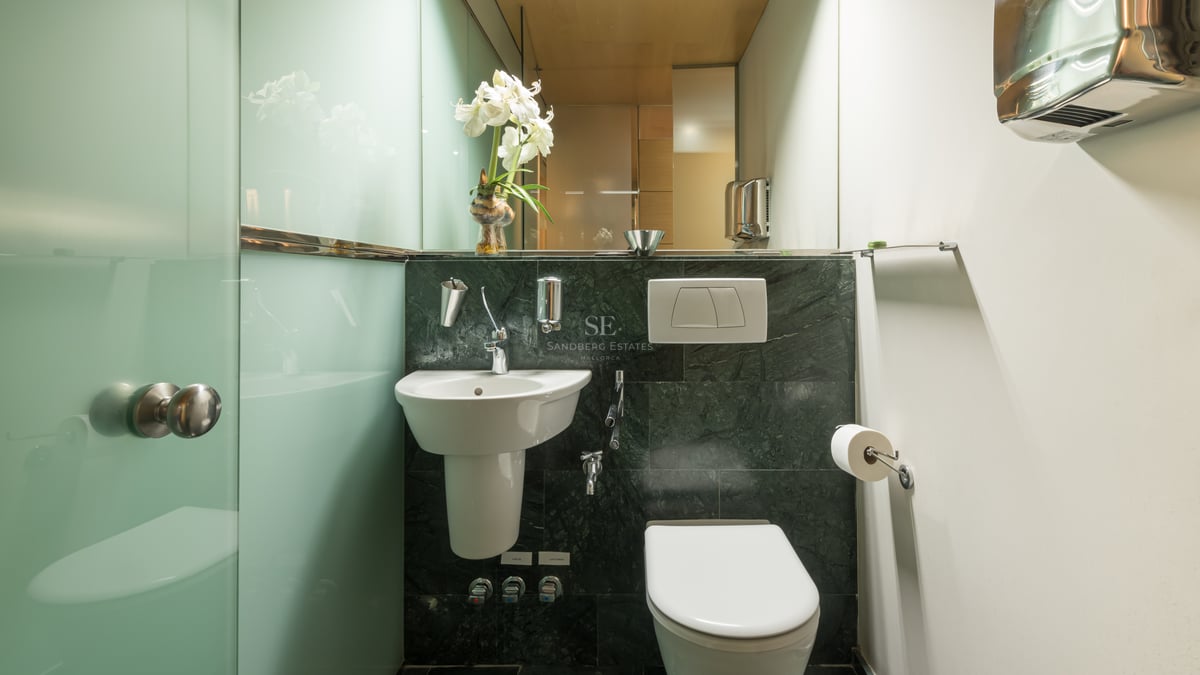 Bathroom featuring dark green marble walls, white porcelain sink, and frosted glass partitions.