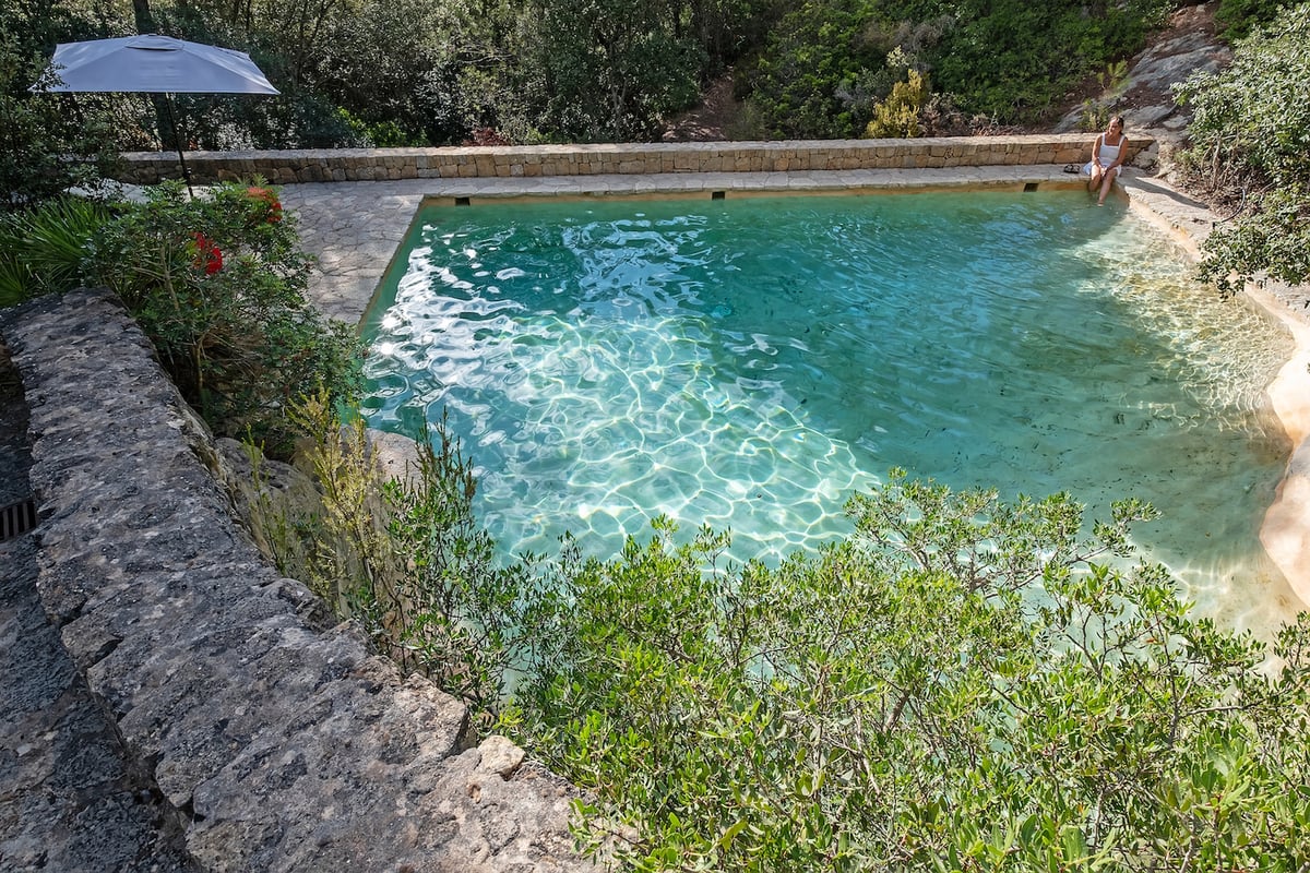 Vue en hauteur d'une piscine en pierre turquoise entourée d'une forêt verdoyante et d'une terrasse en pierre.