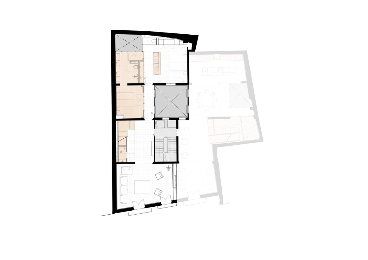 Plano 2D profesional que muestra la distribución de un apartamento de lujo con dormitorio, salón y patio central.