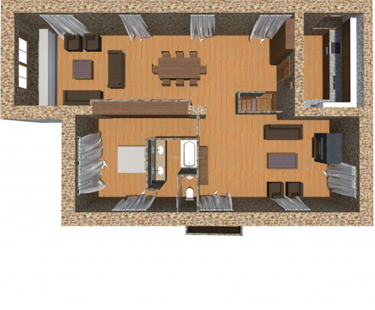 Plan 3D montrant un salon ouvert, des murs en pierre, des parquets et une suite parentale privée.