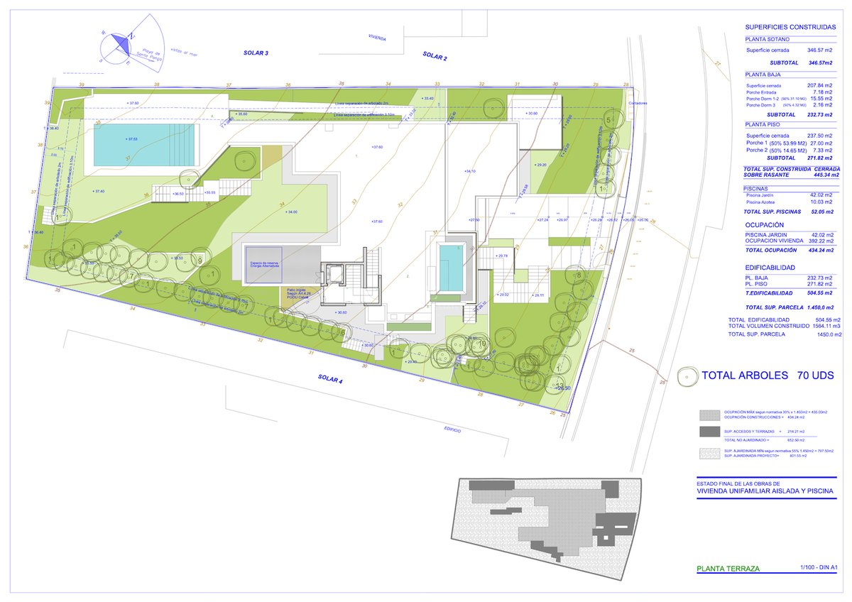 Plan de masse architectural détaillé montrant l'emprise de la maison, deux piscines, l'aménagement du jardin et les calculs de surface.