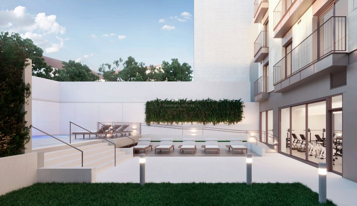Terrasse extérieure moderne avec chaises longues, petite piscine, pelouse et vue sur une salle de sport vitrée.