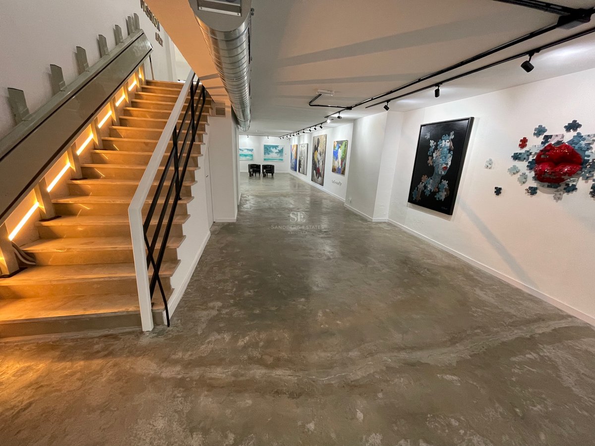 Couloir de style industriel avec sol en béton ciré, art moderne et escalier en bois avec rubans LED.