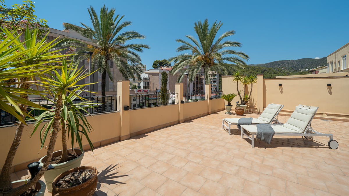 Terrasse extérieure ensoleillée avec carrelage en terre cuite, deux chaises longues blanches, palmiers et vue sur la montagne.