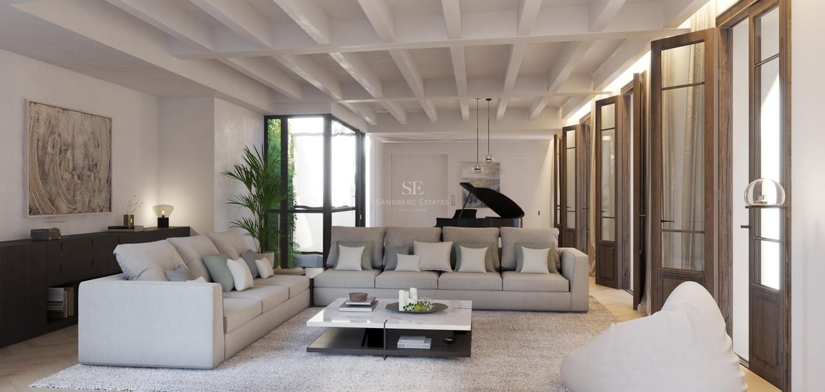 Vue extérieure d'une villa moderne avec piscine, grand jardin et architecture minimaliste. Éclairage d'ambiance chaleureux.