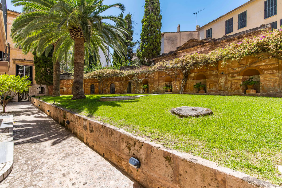 Cour ensoleillée avec pelouse, palmiers et mur en pierre classique avec niches décoratives sous un ciel bleu.