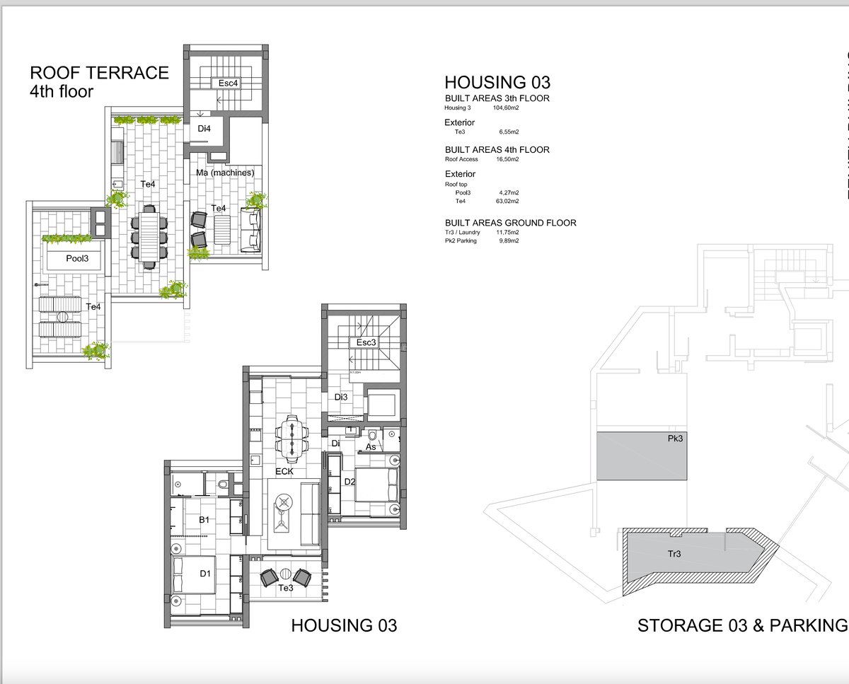 Plan d'architecte montrant l'aménagement multi-niveaux de l'Habitation 03, comprenant une terrasse sur le toit avec piscine.