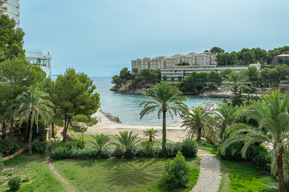 Un jardin luxuriant avec des palmiers et un chemin en pierre surplombant une crique méditerranéenne aux eaux turquoises.