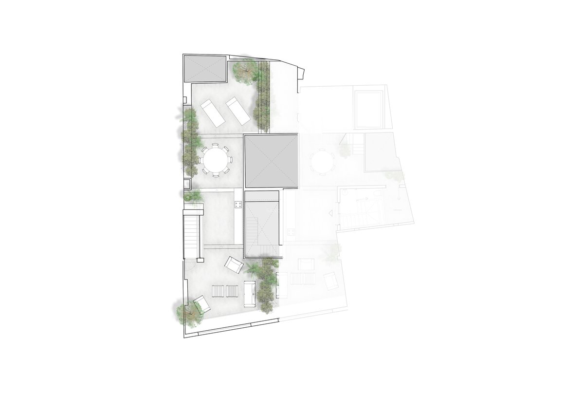 Plano arquitectónico de una terraza de varios niveles con comedor exterior, hamacas y vegetación.