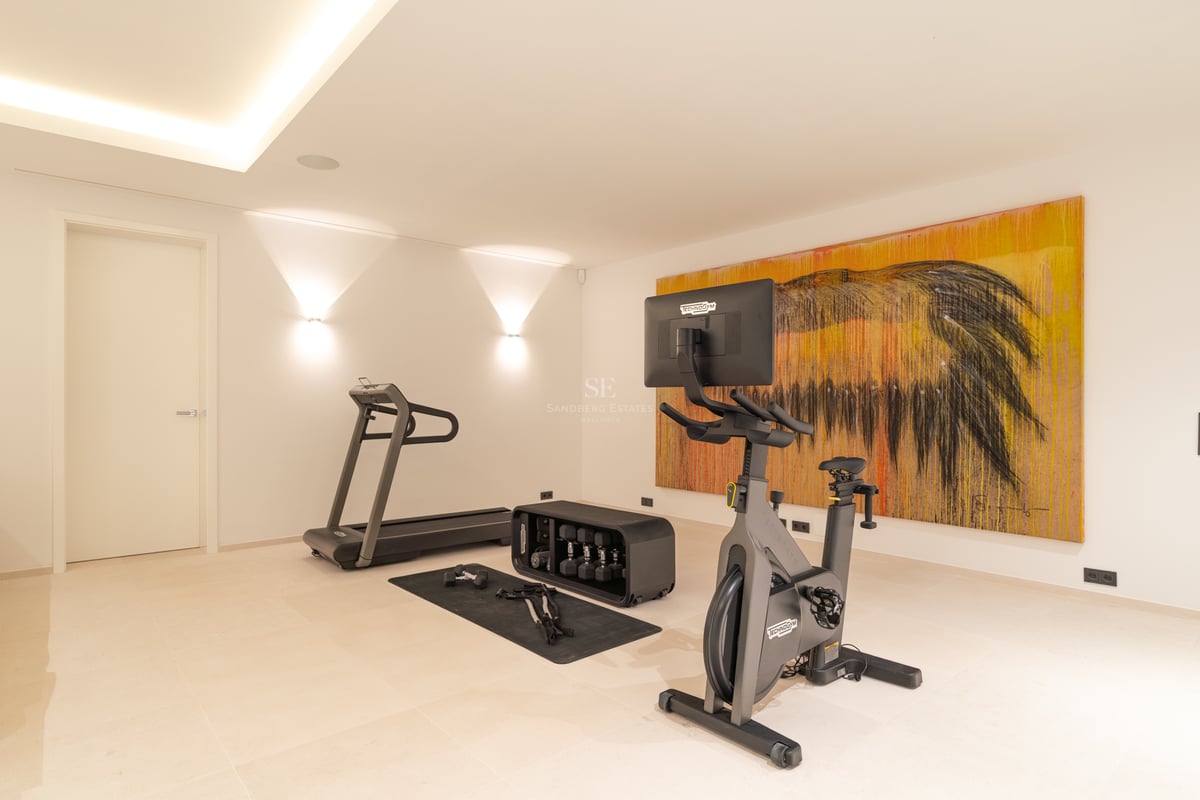 Salle de fitness minimaliste comprenant un tapis de course, un vélo stationnaire, des poids et un grand tableau abstrait.