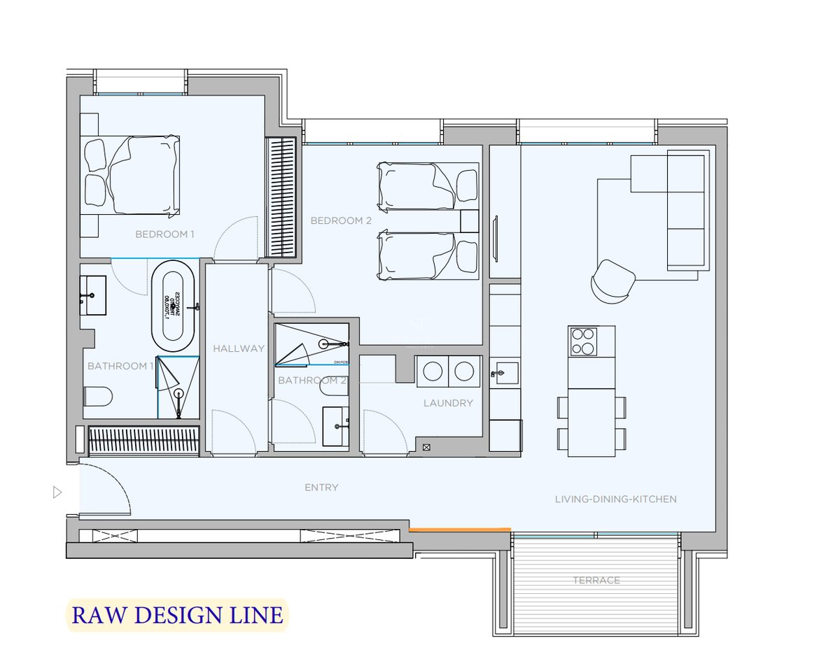 Plan d'architecte 2D montrant un appartement de deux chambres avec espace de vie ouvert, terrasse et deux salles de bains.