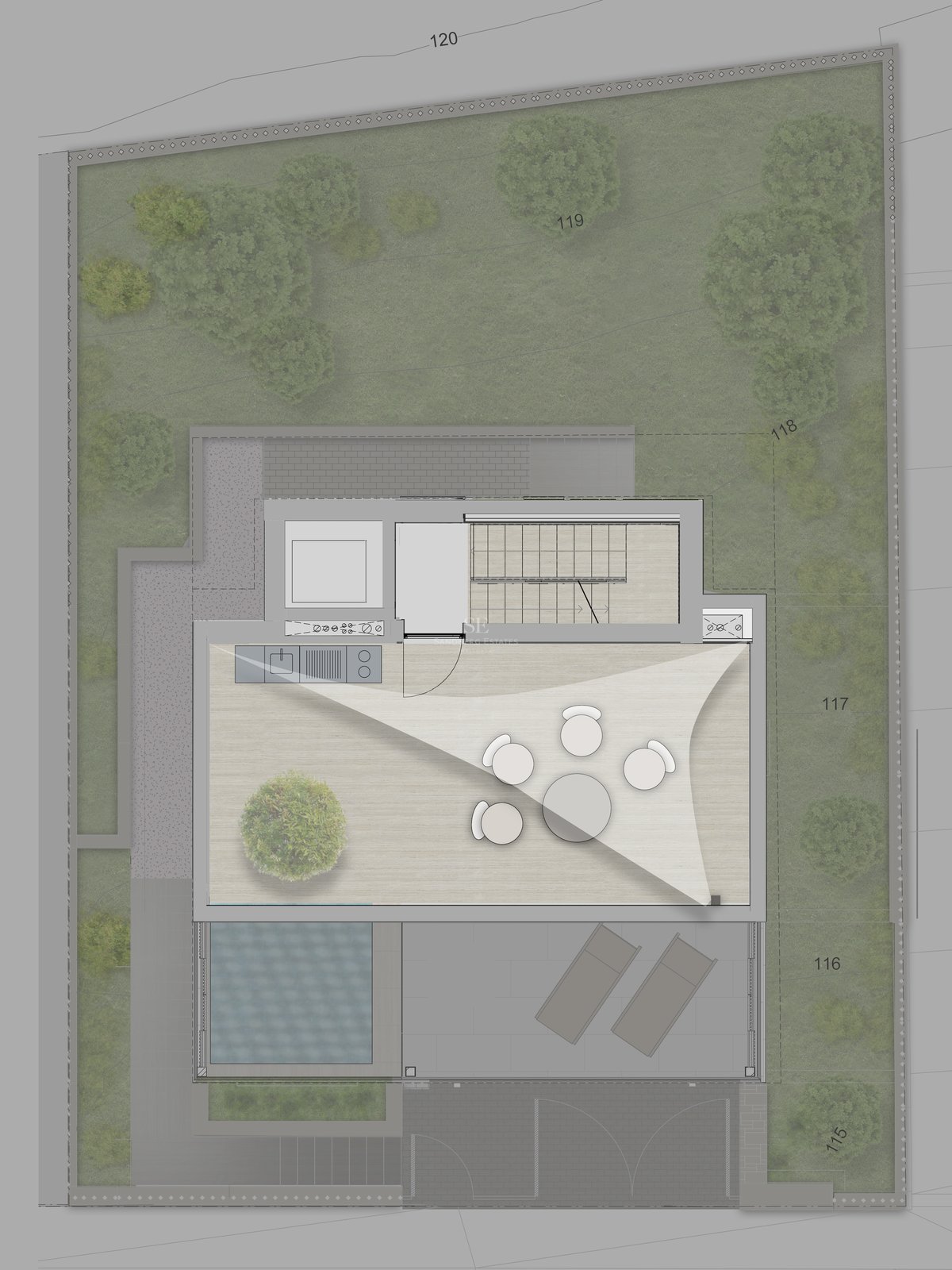 Plan architectural en vue de dessus d'une villa de luxe montrant le jardin, la piscine et la terrasse.