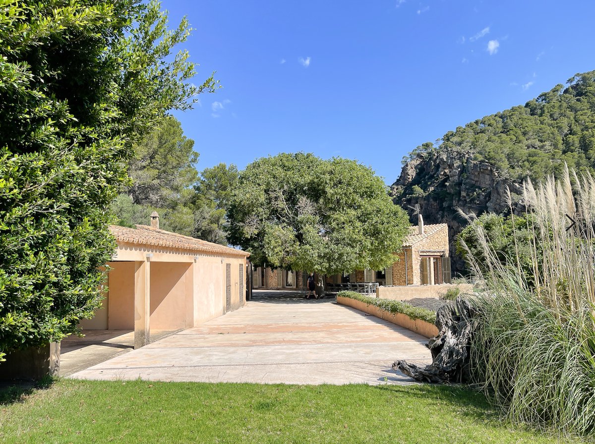 Large terrasse en pierre d'une villa méditerranéenne entourée d'arbres et de montagnes rocheuses sous un ciel bleu.