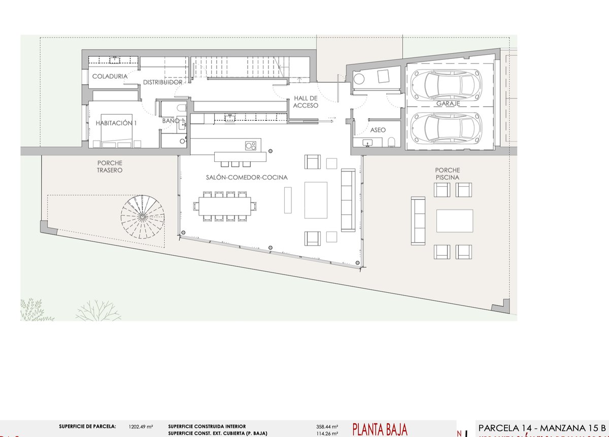 Plan technique du rez-de-chaussée d'une villa avec salon ouvert, garage double et grandes terrasses extérieures.