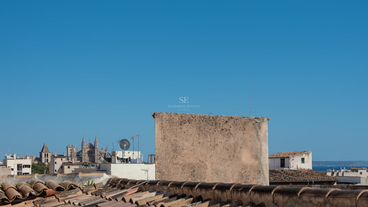 Vue depuis un toit en tuiles dominant une ville méditerranéenne historique avec une grande cathédrale gothique.