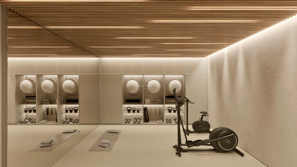 Salle de sport moderne avec plafond en lattes de bois, vélo elliptique, poids et ballons d'exercice.