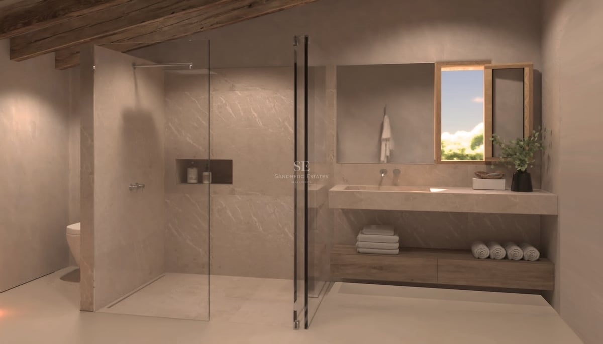 Salle de bains contemporaine avec douche à l'italienne, vasque en pierre et poutres apparentes en bois.