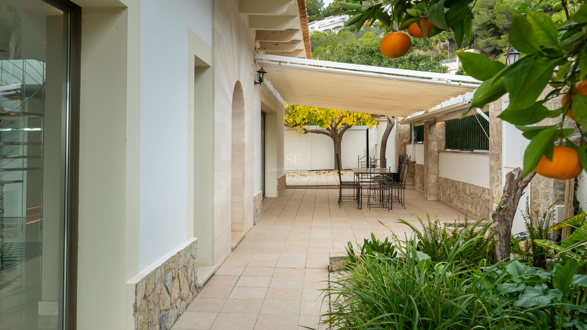 Terrasse ombragée avec table à manger, chaises en métal noir, murs en pierre et un oranger luxuriant.