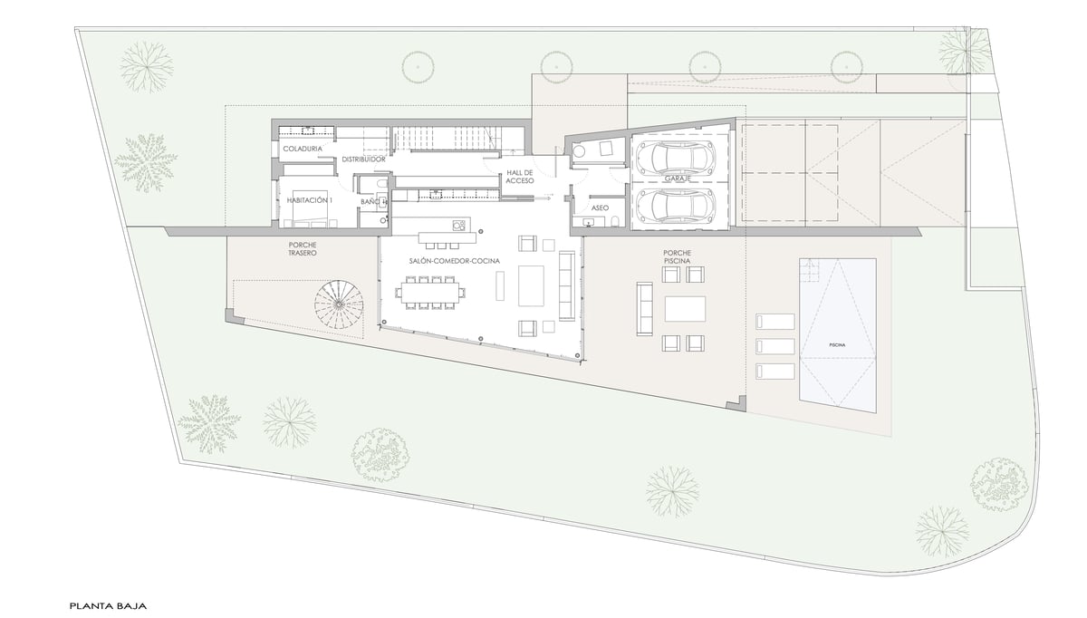 Plan architectural montrant le rez-de-chaussée avec salon ouvert, garage double et espace piscine.
