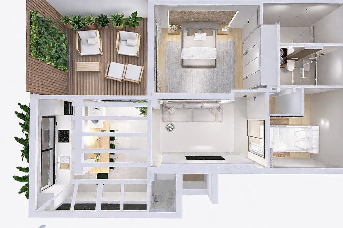 Vue 3D de dessus d'un appartement moderne comprenant deux chambres, une cuisine ouverte et une grande terrasse en bois.