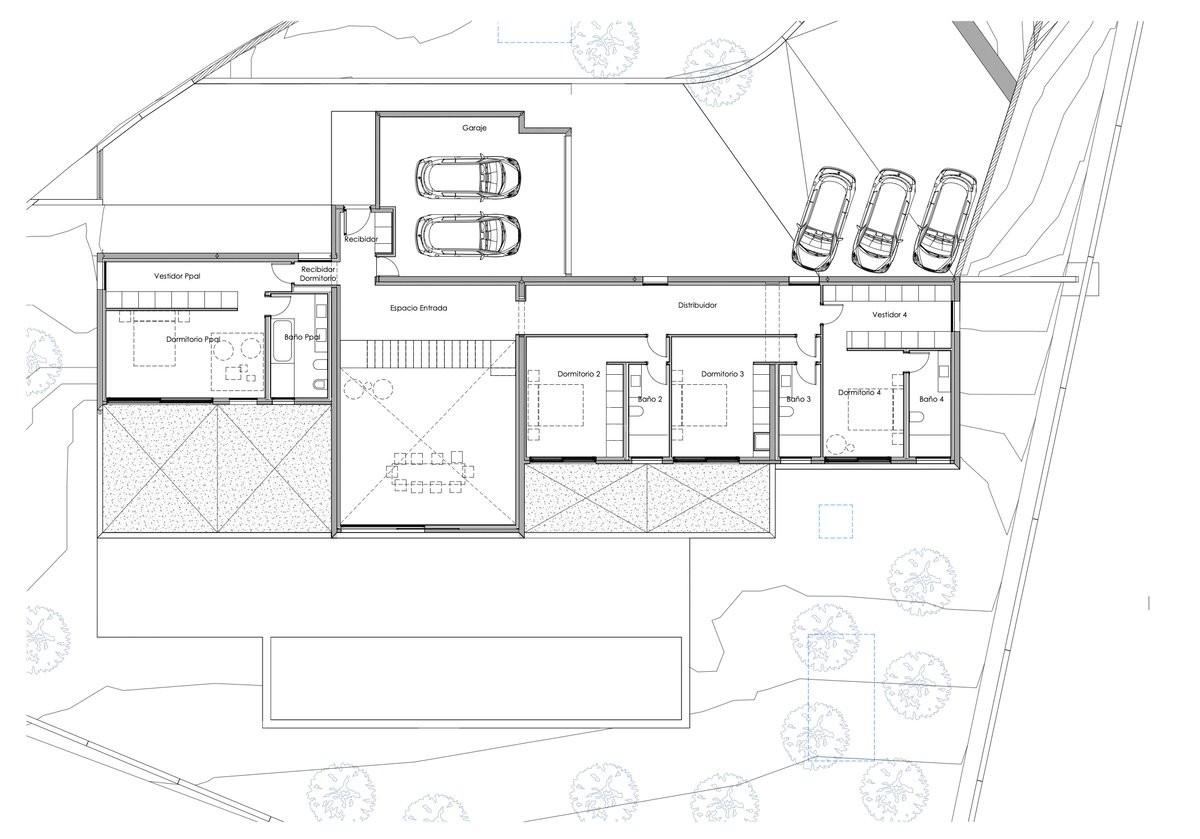 Plan technique montrant l'aménagement d'une villa de 4 chambres, salles de bains attenantes, garage et espaces extérieurs.