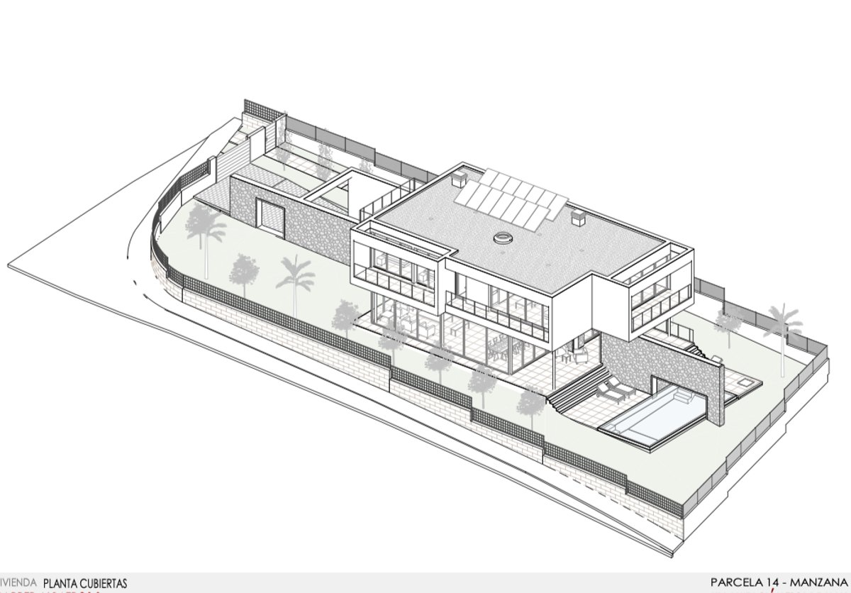 Dessin isométrique 3D d'une villa contemporaine avec piscine, panneaux solaires et jardins paysagers.