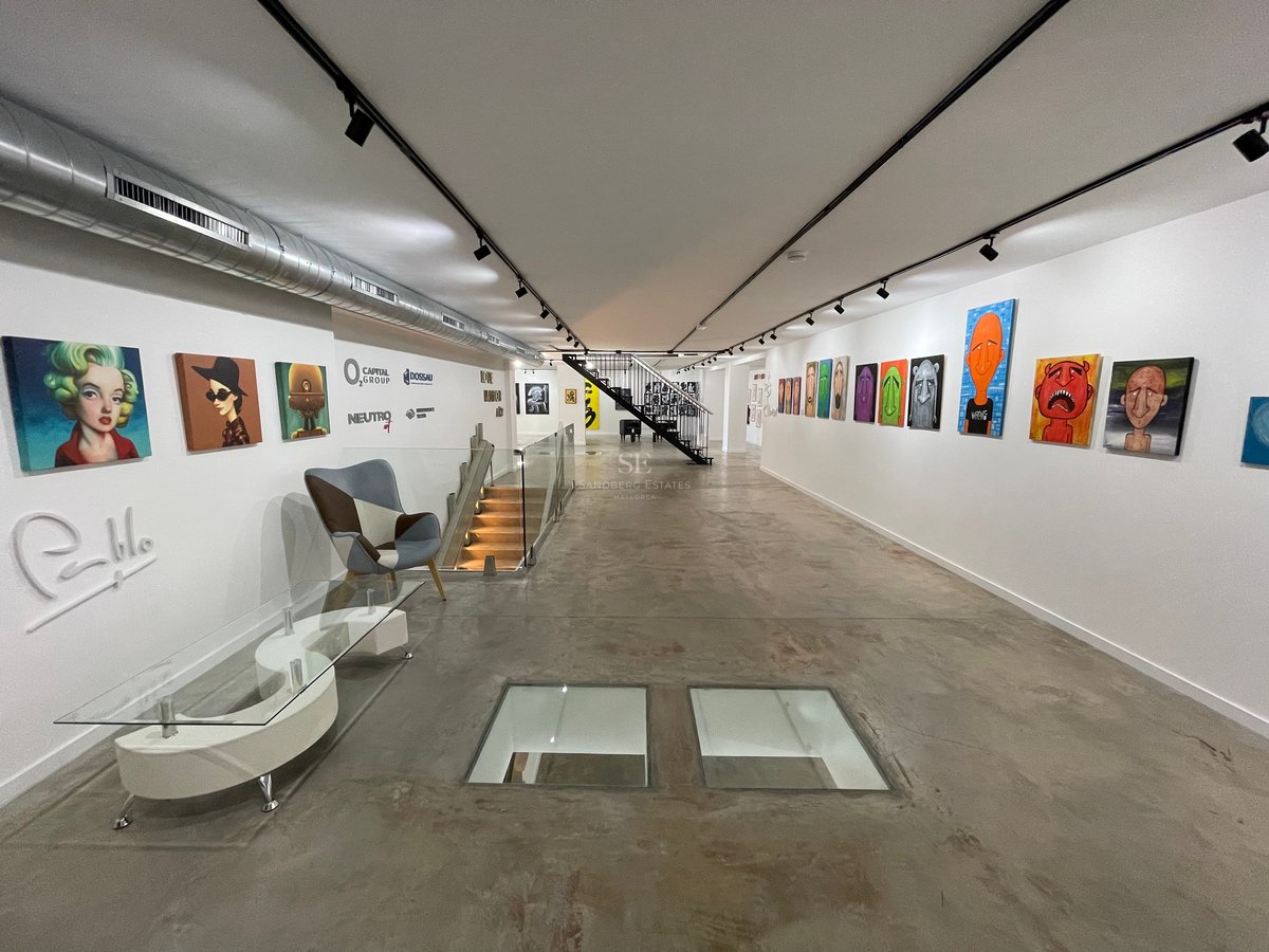 Longue galerie industrielle avec sols en béton poli, murs blancs ornés d'art pop et dalles de verre au sol.