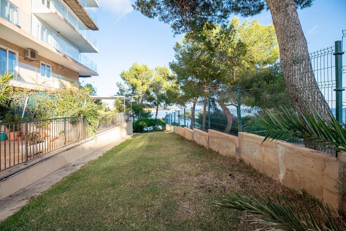 Pelouse entretenue bordée par une résidence moderne avec des pins et la mer en arrière-plan.