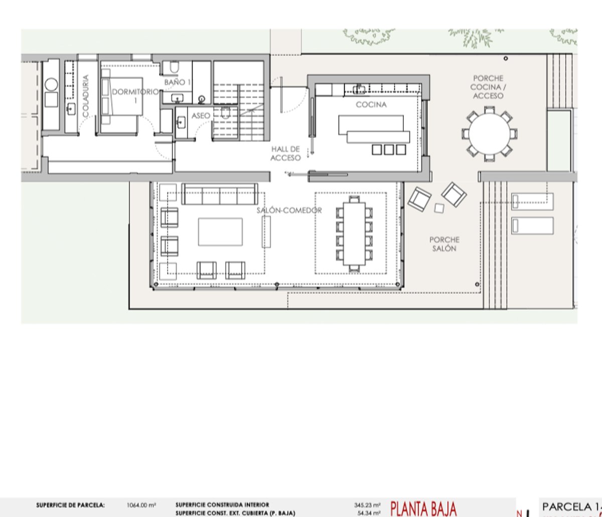 Plan architectural du rez-de-chaussée montrant le séjour, la cuisine, une chambre et de grandes terrasses.
