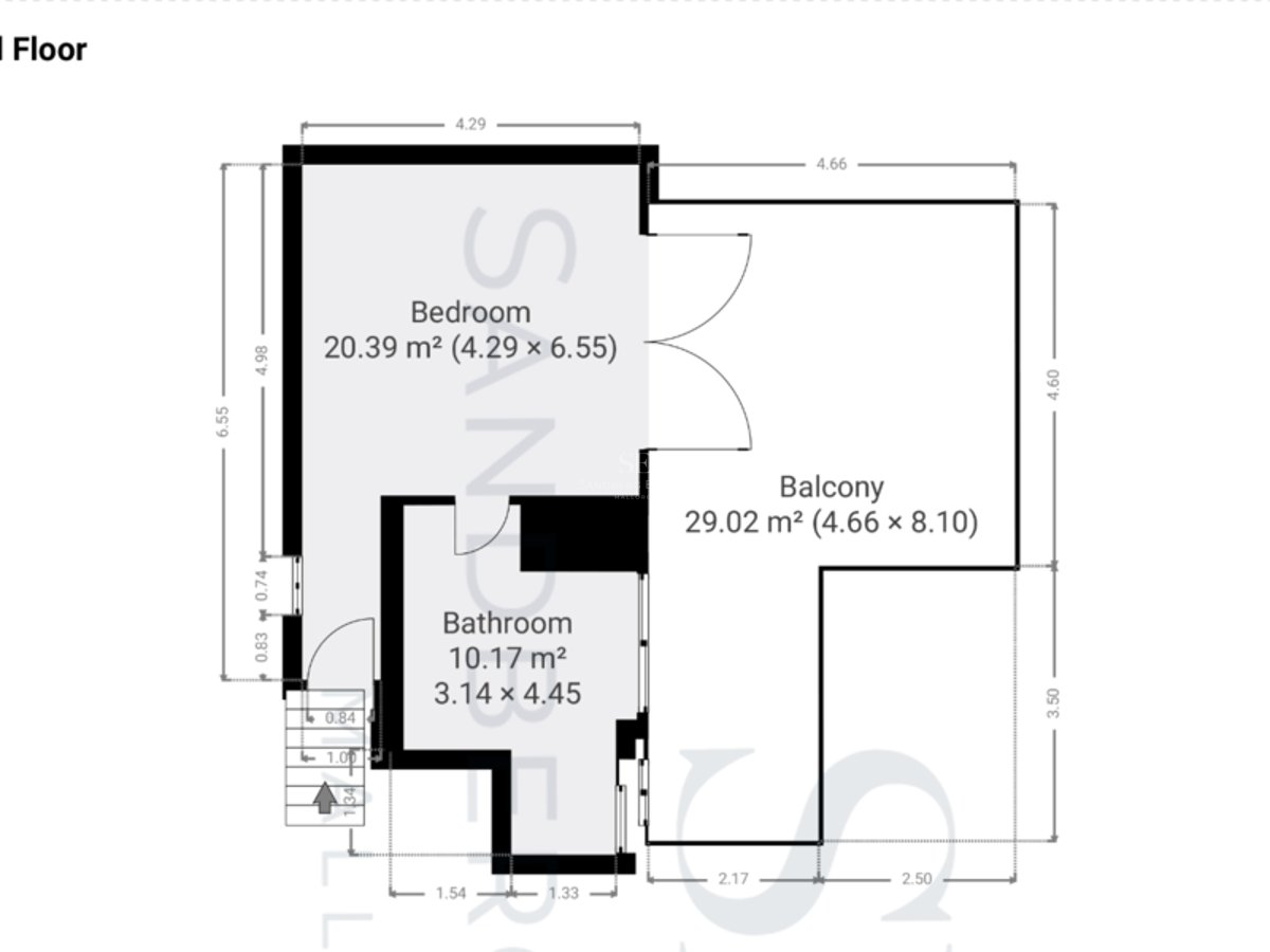 Plan technique montrant une chambre de 20m2, une salle de bain attenante et une terrasse de 29m2.