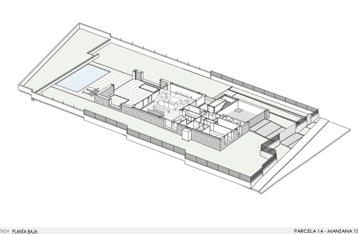 Plan 3D isométrique montrant l'aménagement d'un appartement moderne avec grande terrasse et piscine privée.