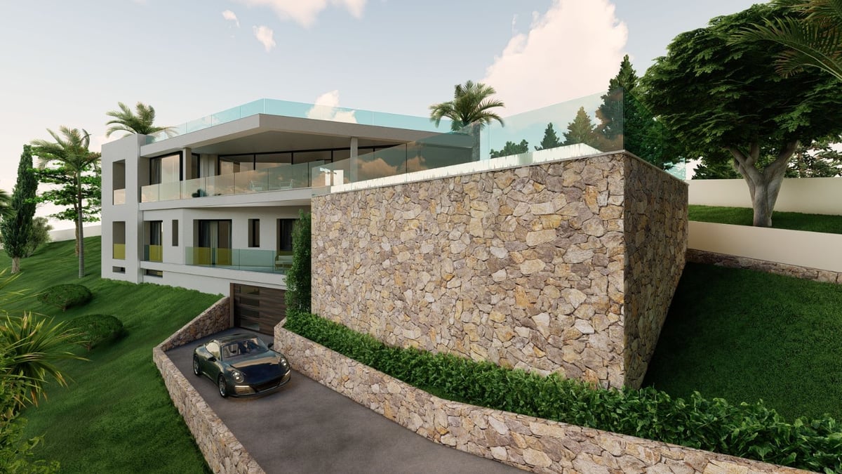 Vue extérieure d'une villa moderne avec piscine à débordement, jardin soigné et grandes baies vitrées. Architecture minimaliste.