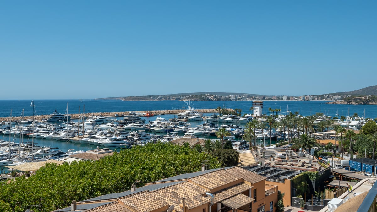 Vue panoramique d'une marina de luxe remplie de yachts blancs sous un ciel bleu clair, surplombant la mer Méditerranée.