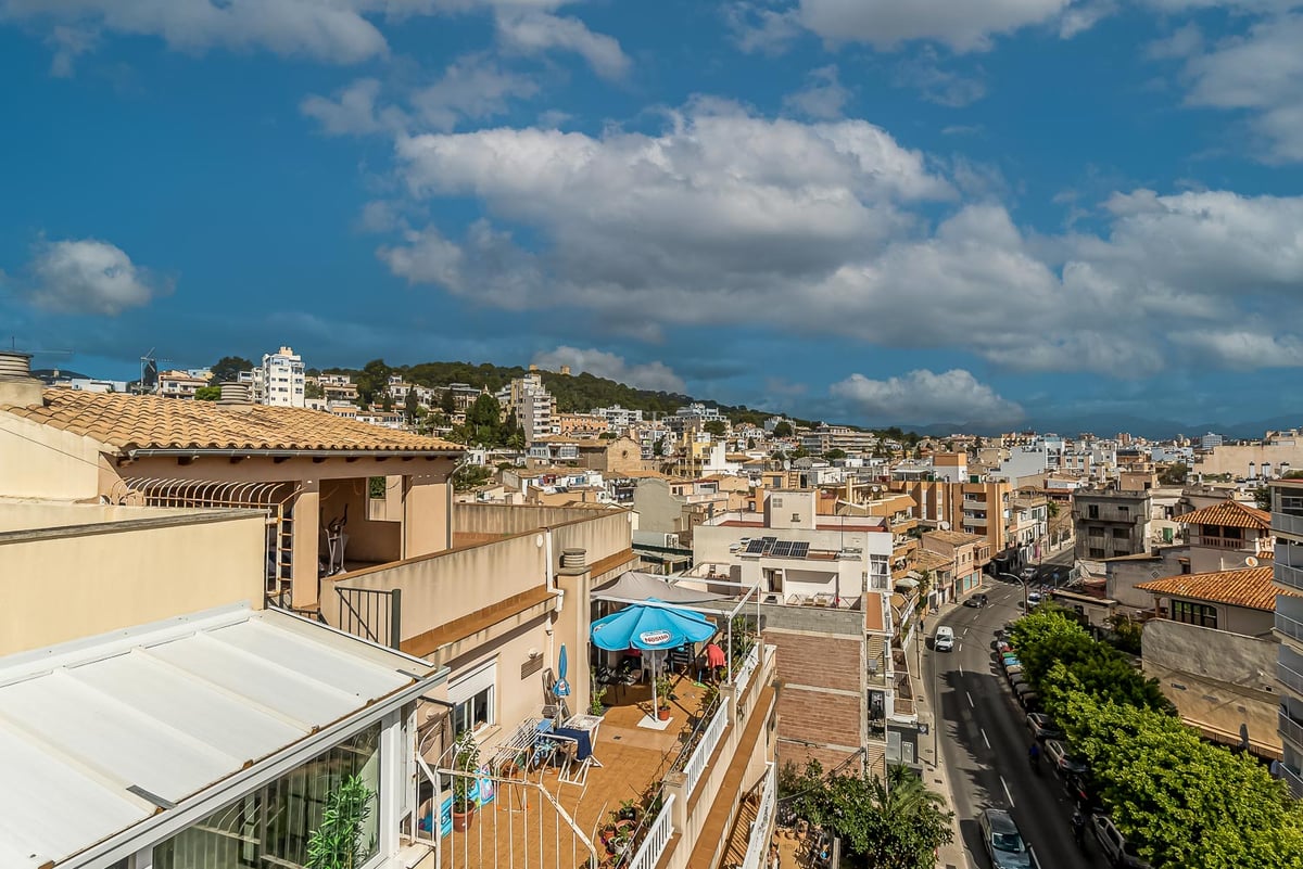 Vue surélevée des toits d'une ville méditerranéenne, une rue bordée d'arbres et des montagnes au loin.