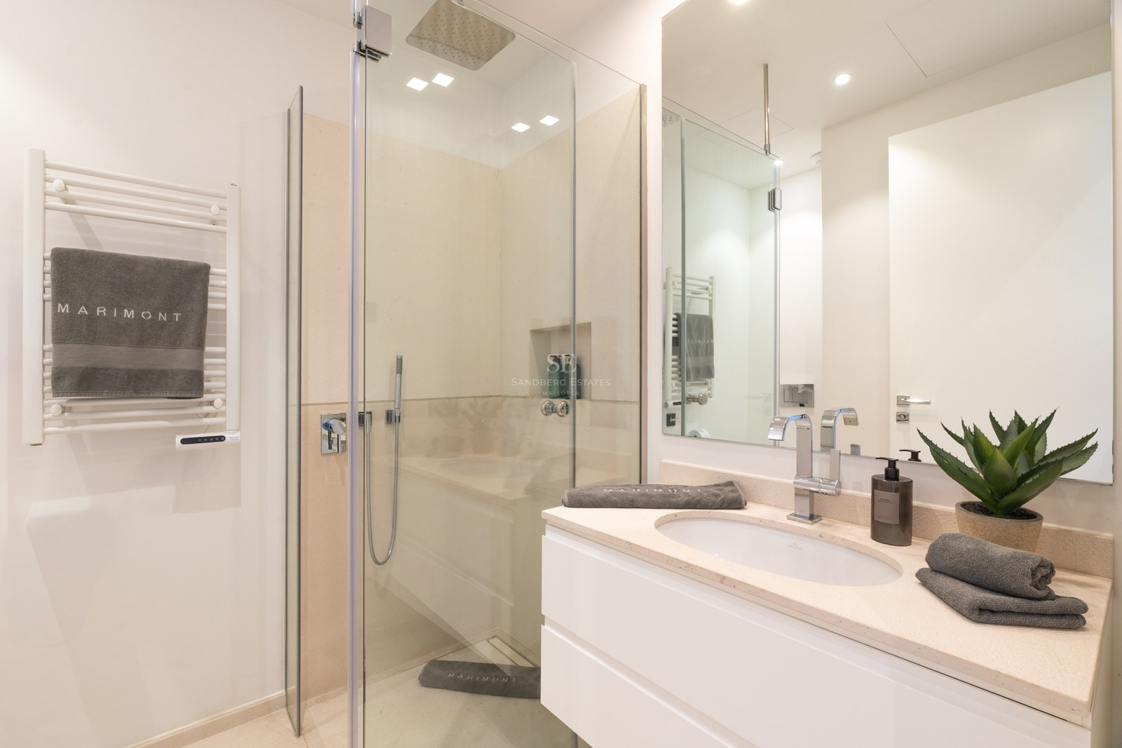 Modern bathroom featuring a glass walk-in shower, white vanity with chrome faucet, and a heated towel rack.