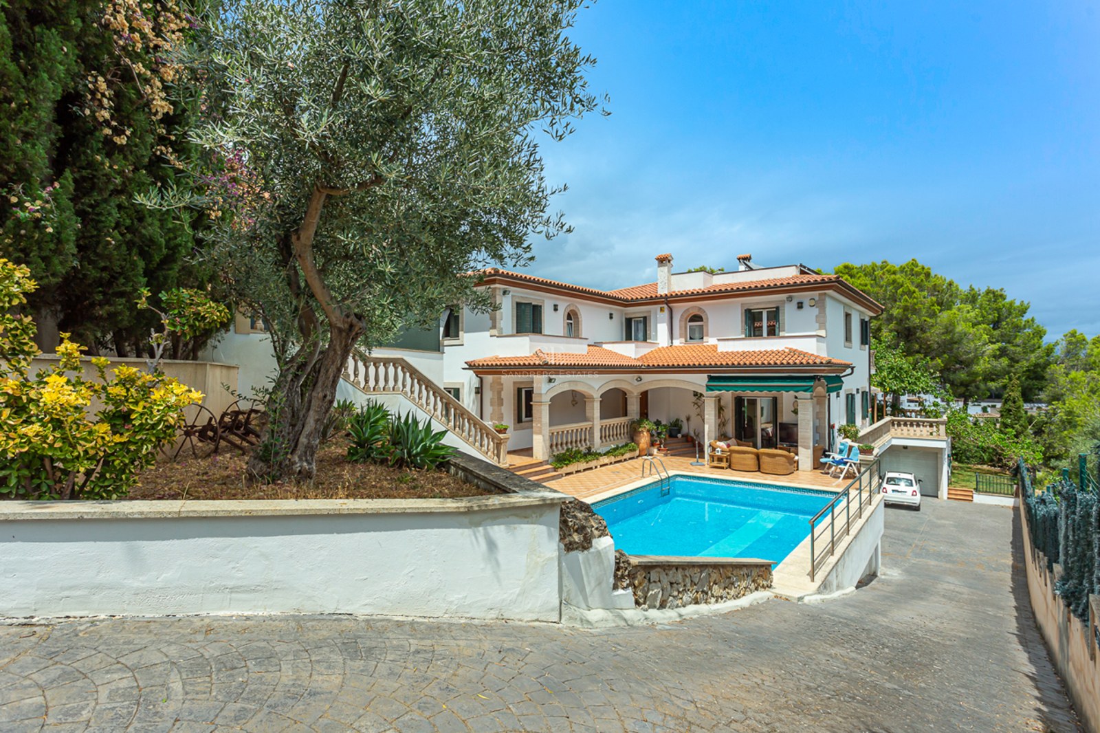 Luxurious white Mediterranean villa featuring a sparkling blue swimming pool, terracotta roof, and a large olive tree.