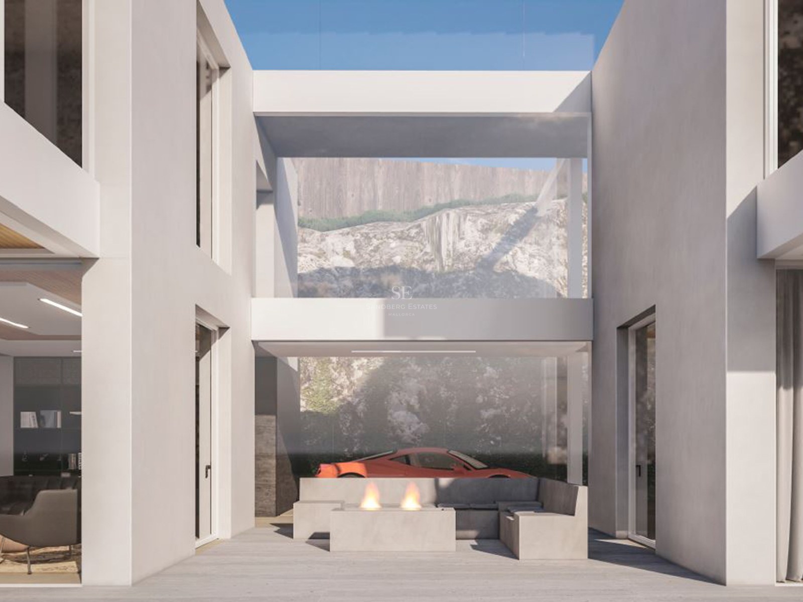 Minimalist white terrace featuring a modern fire pit, concrete seating, and a red sports car visible in the background.