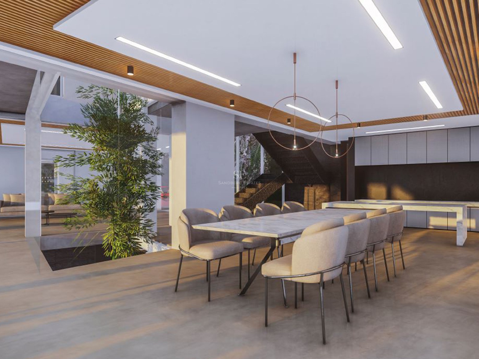 Elegant dining space featuring a marble table, beige velvet chairs, and an indoor tree beneath a slatted wood ceiling.