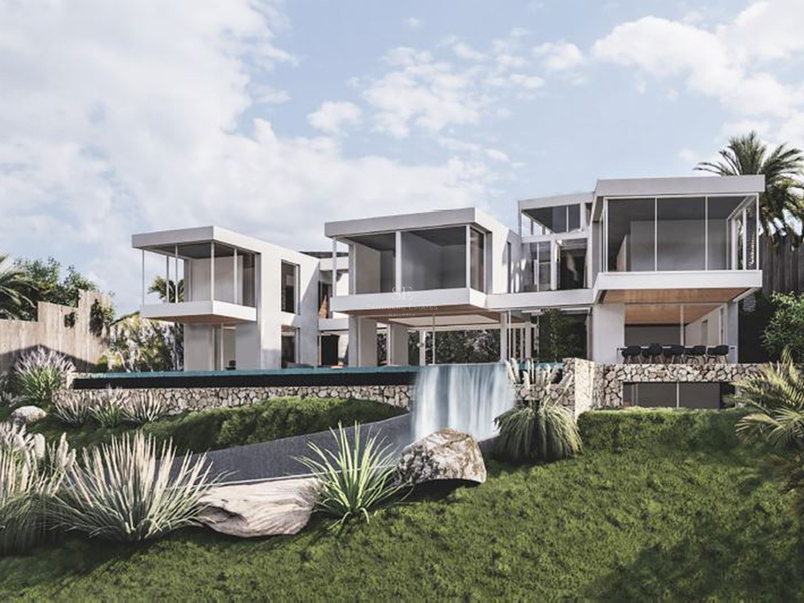Modern white multi-level villa with cantilevered rooms and an infinity pool waterfall spilling into a landscaped garden.