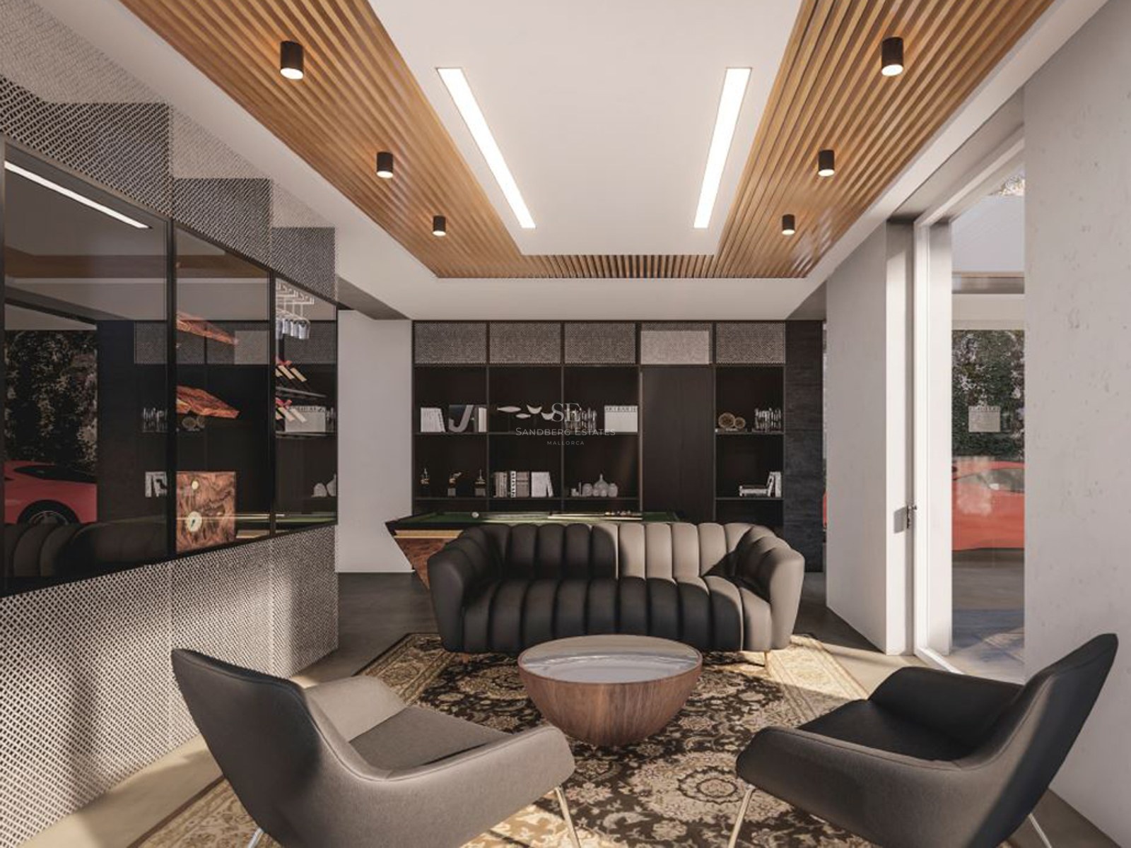 Modern game room featuring a pool table, dark leather sofa, slatted wood ceiling, and glass-walled wine display.